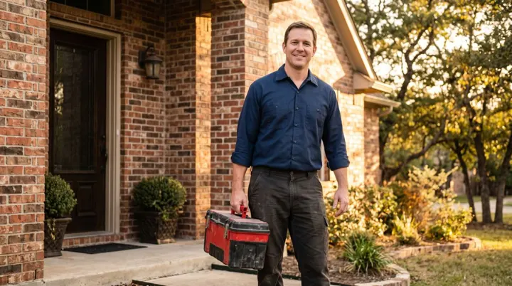 Plumber with a toolbox arriving at the front door of a brick home